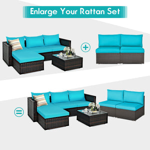 Power coated and solid steel frame adds sturdiness<br>Tight and hand-woven rattan to withstand change of weather<br>Two of the armless chairs can be used separately<br>Aluminum foot pads protect bottom rattan from scratching<br>Can be added to the same st