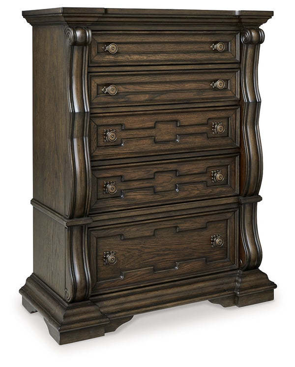From its ornamental appliques to its large scale, this chest of drawers makes a bold statement. Spacious drawers store your clothes and more in stunning style. The look is timeless. The feel? Right at home.<br><br><b>Additional Dimensions</b><br><ul><li>D