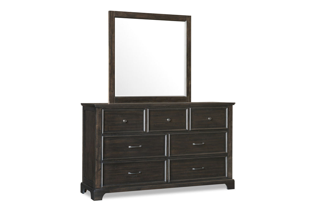 Enhance your bedroom with the Stafford County Wood Framed Mirror in walnut brown. This mirror is crafted from solid acacia, manufactured woods, and acacia veneers, ensuring a long-lasting and beautiful addition to your home. The contemporary design, featu