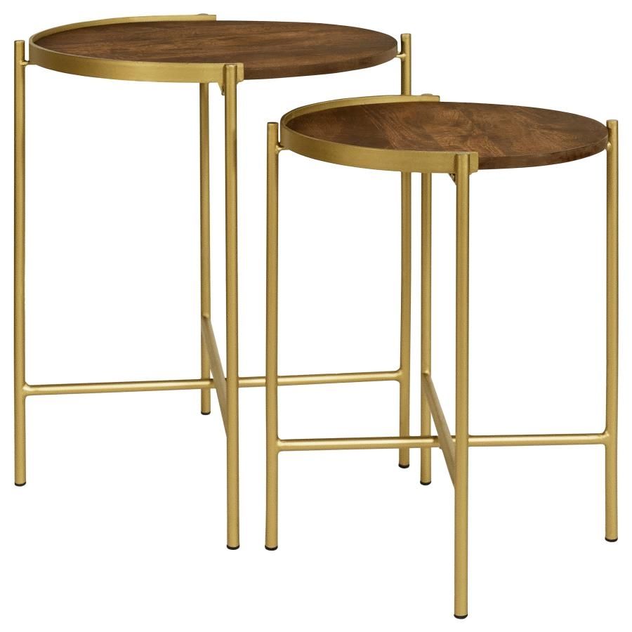 Soft gold adds an element of warmth to a two-piece set of modern nesting tables. Charming in a compact living space, the smaller table tucks under the larger to create a waterfall effect that-'s sure to catch the eye. Each table boasts a perfectly round t