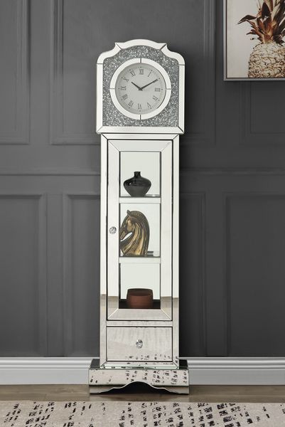 â€¢Assembled<br/><br/><b>Product Features</b><ul><li>Grandfather Clock</li><li>Standing Flat Wall</li><li>Storage: 3 Tier Shelf & 1 Storage Drawer</li><li>Beveled Mirrored Case-Frame with Faux Diamonds & Clear Glass Inlay</li><li>Clock Dial: Roman Numeral