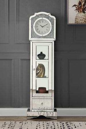 â€¢Assembled<br/><br/><b>Product Features</b><ul><li>Grandfather Clock</li><li>Standing Flat Wall</li><li>Storage: 3 Tier Shelf & 1 Storage Drawer</li><li>Beveled Mirrored Case-Frame with Faux Diamonds & Clear Glass Inlay</li><li>Clock Dial: Roman Numeral