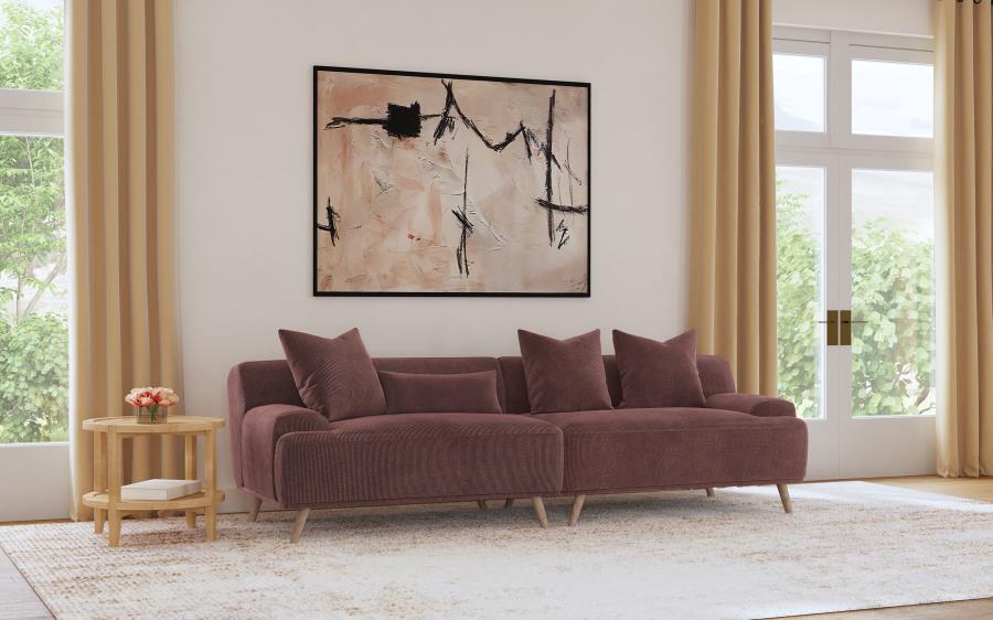 Create the ultimate spot for relaxation and comfortable lounging with a mid-century modern, extra-long, boxy low-profile sectional sofa. Upholstered in a soft wine red thin pinstripe corduroy, this sofa offers an appealing texture and plush comfort with f