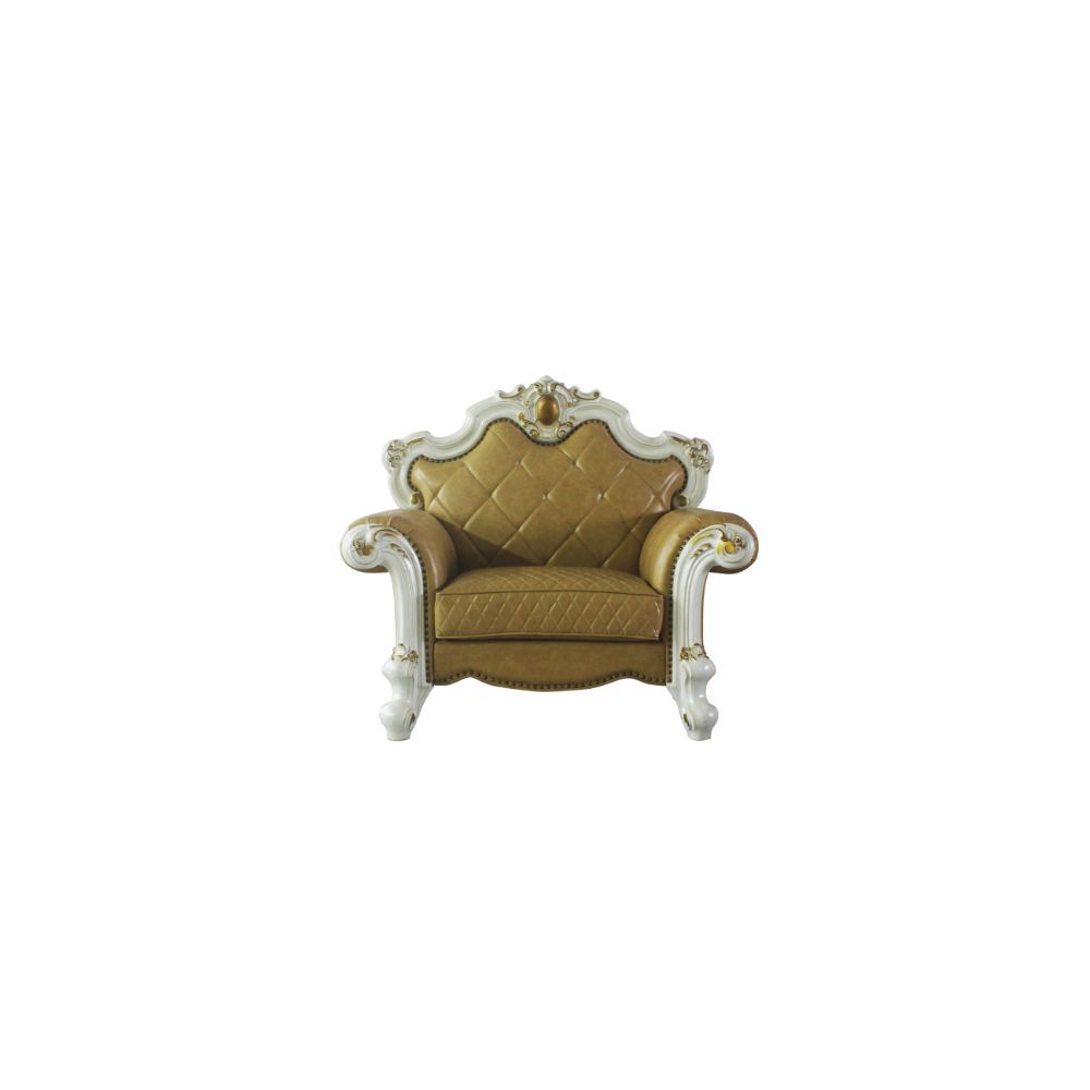 KD Back, w/1 Pillow Tight Back & Loose Seat Cushion (1+2) Diamond Tufted, Nail-head Trim, Oversized Crown & Raised Scrolled Trim: Antique Pearl w/Gold Brush (Backrest, Front Armrest & Base) Construction] Pocket Coil Seat