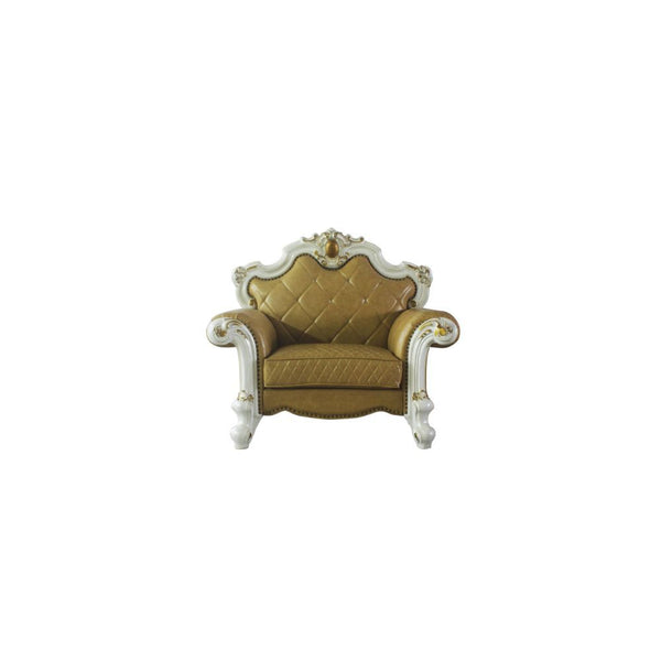KD Back, w/1 Pillow Tight Back & Loose Seat Cushion (1+2) Diamond Tufted, Nail-head Trim, Oversized Crown & Raised Scrolled Trim: Antique Pearl w/Gold Brush (Backrest, Front Armrest & Base) Construction] Pocket Coil Seat