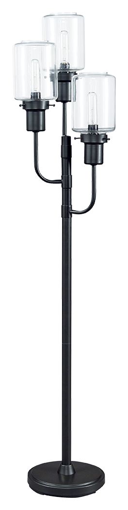 Add an urban mood to your decor with this metal floor lamp. Its three curved metal arms at graduated heights hold Edison-style light bulbs. The clear glass jar shades point upward, much like a decorative lamp post. A bronze-tone metal finish adds sleek de