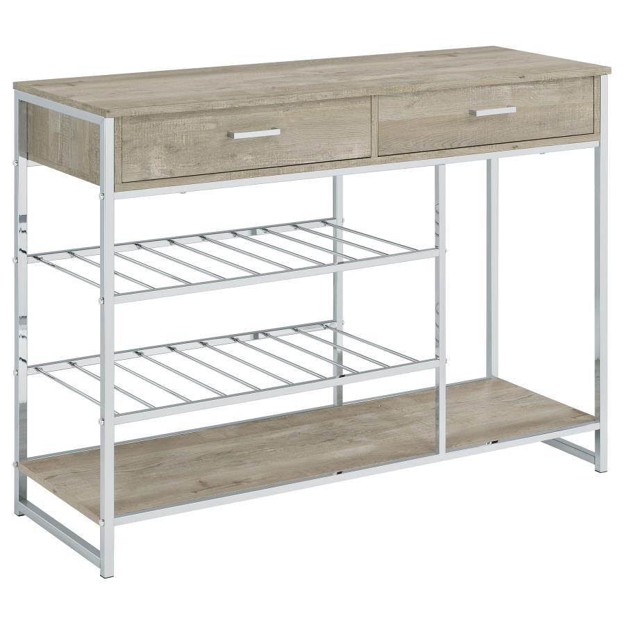 Your entertaining needs are filled with a sense of casual style and supreme organization as this bar cabinet provides space and configuration for a casual space. Make serving a breeze with a cabinet featuring gray finish wood products construction of an u