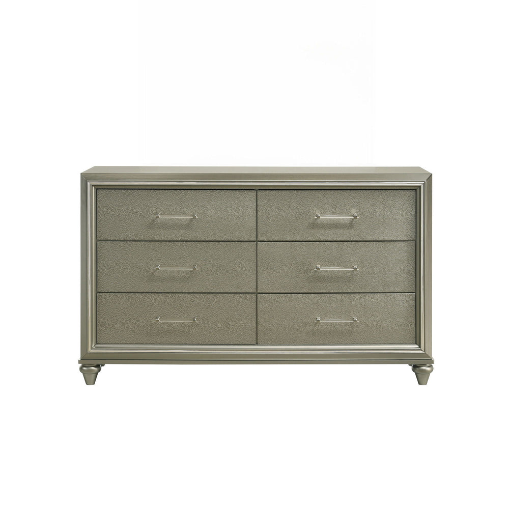 Meet the Lumina Dresser, a sturdy companion crafted from solid Rubberwood and durable manufactured wood, coated in an eco-friendly decorative laminate for enduring strength. Its sleek exterior boasts a high gloss gray finish, complemented by embossed silv