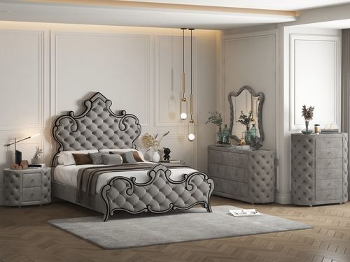 The Perine Collection is luxuriously designed and upholstered in sumptuous gray velvet and features black piping. The hardwood wooden frame is designed for long-lasting enjoyment. The crown design on the headboard and footboard adds some drama to the bed.