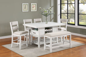 Bring a fresh look to your dining space with this breezy counter height group. The table has an array of design features, including drawers, bottle storage, and an open bottom shelf. Ladderback chairs and bench are upholstered in a Chevron pattern fabric 