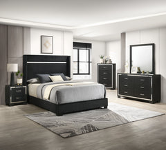 This bedroom collection strikes a balance between bold and classic styles. It features a striking bed with a high, channel tufted headboard that commands attention. The accompanying case goods, including a dresser with a mirror, chest, and nightstand, are