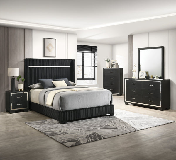 This bedroom collection strikes a balance between bold and classic styles. It features a striking bed with a high, channel tufted headboard that commands attention. The accompanying case goods, including a dresser with a mirror, chest, and nightstand, are