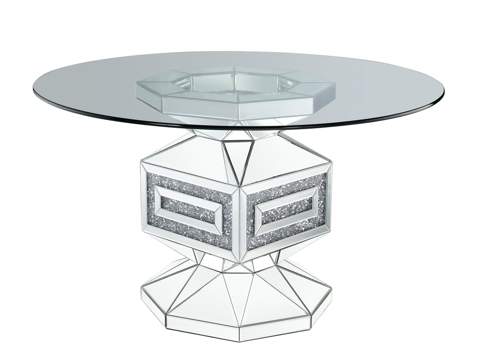 Noralie - Dining Table - Clear Glass, Mirrored & Faux Diamonds - 52-"Dia x 30<br/><br/><b>Product Features</b><ul><li>Round Single Pedestal Table</li><li>12mm Clear Tempered Glass Top</li><li>Criss Cross Ring Pedestal</li><li>Mirrored Pedestal</li><li>Fau