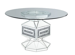 Noralie - Dining Table - Clear Glass, Mirrored & Faux Diamonds - 52-"Dia x 30<br/><br/><b>Product Features</b><ul><li>Round Single Pedestal Table</li><li>12mm Clear Tempered Glass Top</li><li>Criss Cross Ring Pedestal</li><li>Mirrored Pedestal</li><li>Fau