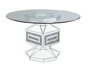 Noralie - Dining Table - Clear Glass, Mirrored & Faux Diamonds - 52-"Dia x 30<br/><br/><b>Product Features</b><ul><li>Round Single Pedestal Table</li><li>12mm Clear Tempered Glass Top</li><li>Criss Cross Ring Pedestal</li><li>Mirrored Pedestal</li><li>Fau