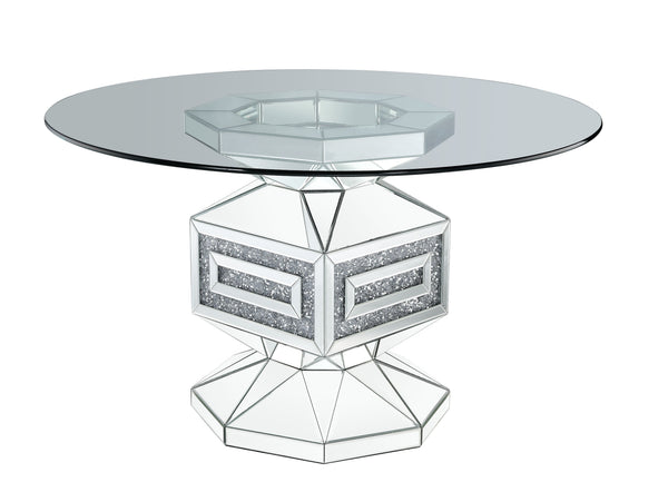 Noralie - Dining Table - Clear Glass, Mirrored & Faux Diamonds - 52-"Dia x 30<br/><br/><b>Product Features</b><ul><li>Round Single Pedestal Table</li><li>12mm Clear Tempered Glass Top</li><li>Criss Cross Ring Pedestal</li><li>Mirrored Pedestal</li><li>Fau