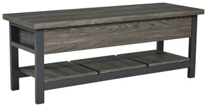Seating with style and storageâ€”what more could you need? This storage bench has a hinged seat and plank shelf, making it the perfect multi-use piece. The gray and brown wood grain effect lends a casual touch.<br><br><b>Additional Dimensions</b><br><ul><