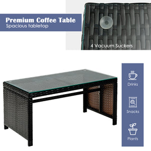 This four-piece rattan furniture set brightens up your living space while providing a comfortable seat. Â  Crafted with premium rattan  each piece creates a cool and textured appearance  which perfectly matches your outdoor or indoor space. In addition  r