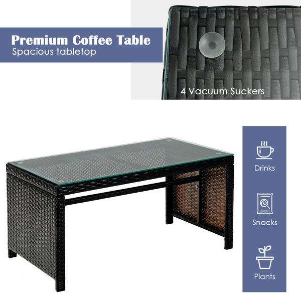 This four-piece rattan furniture set brightens up your living space while providing a comfortable seat. Â  Crafted with premium rattan  each piece creates a cool and textured appearance  which perfectly matches your outdoor or indoor space. In addition  r