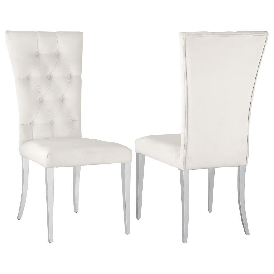 Transform your dining area into a chic space with this elegant, modern glam side chair set. Designed in a classic Parson style silhouette, these two chairs boast a tall curved back for extra comfort and support throughout long dinners. Upholstered in a pl