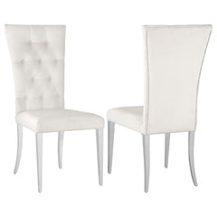 Transform your dining area into a chic space with this elegant, modern glam side chair set. Designed in a classic Parson style silhouette, these two chairs boast a tall curved back for extra comfort and support throughout long dinners. Upholstered in a pl