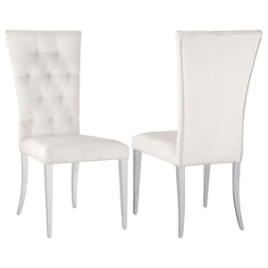Transform your dining area into a chic space with this elegant, modern glam side chair set. Designed in a classic Parson style silhouette, these two chairs boast a tall curved back for extra comfort and support throughout long dinners. Upholstered in a pl