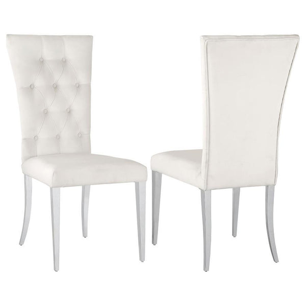Transform your dining area into a chic space with this elegant, modern glam side chair set. Designed in a classic Parson style silhouette, these two chairs boast a tall curved back for extra comfort and support throughout long dinners. Upholstered in a pl