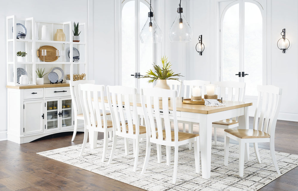Modern farmhouse design. Made with Oak veneer, hardwood solids, MDF substrates, and engineered wood. Stylish two-tone finish featuring butcher block oak veneer tops and classic white cases. Buffet features 3 spacious storage cabinets and upper drawers wit