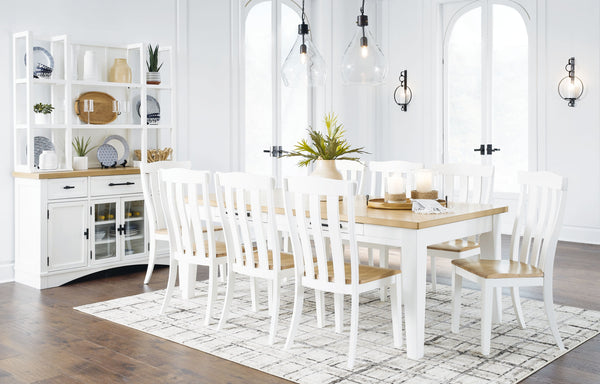 Modern farmhouse design. Made with Oak veneer, hardwood solids, MDF substrates, and engineered wood. Stylish two-tone finish featuring butcher block oak veneer tops and classic white cases. Buffet features 3 spacious storage cabinets and upper drawers wit
