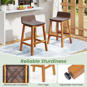High-quality acacia wood construction for durability<br>Splinter-free surfaces for a smooth and safe touch<br>Ergonomic design with a supportive backrest and curved armrests<br>PE rattan seat is fade-resident for long-time use<br>Added footrests for a coz