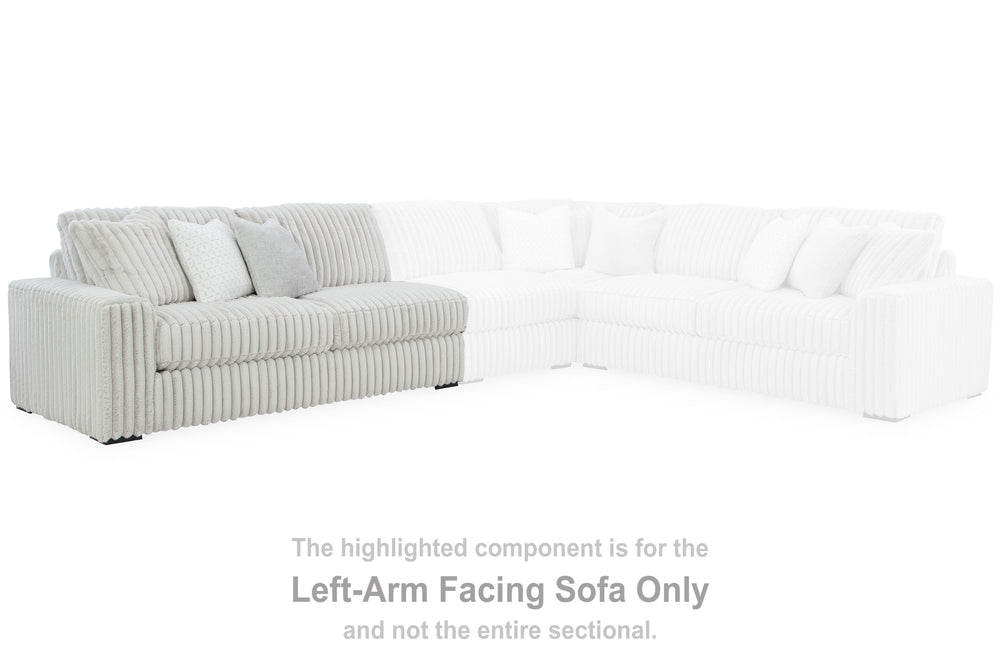 This left-arm facing sofa is made with polyester upholstery. Pairs with other items in the series to make a sectional.<br><br><b>Additional Dimensions</b><br><ul><li>Arm height: 27-"</li><li>Seat depth: 26-"</li><li>Seat height: 24-"</li><li>Top of cushio
