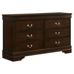 Polish up a traditional decor scheme with this six-drawer dresser, featuring simple and elongated details. Add extra dimension with an exposed wood grain in a warm cappuccino finish. Sleek and simple, radiate classic style and sophistication with the cont