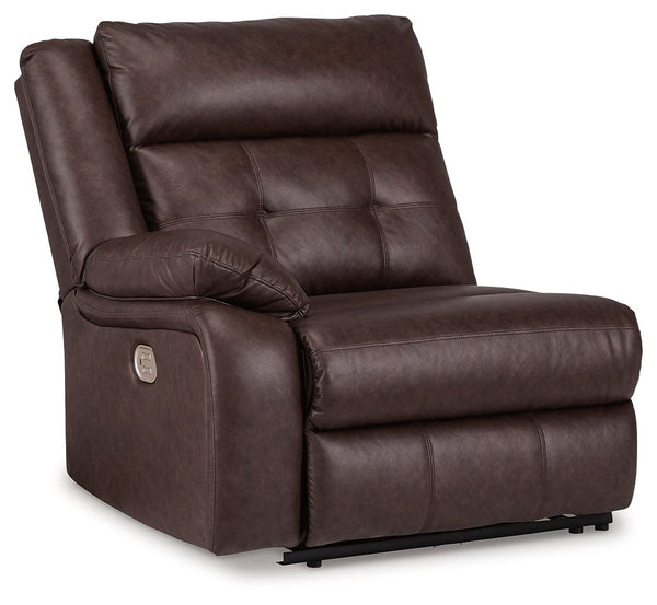 This left-arm facing power recliner is made with faux leather upholstery. Pairs with other items in the series to make a sectional.<br><br><b>Additional Dimensions</b><br><ul><li>Arm height: 24-"</li><li>Seat depth: 23-"</li><li>Seat height: 20-"</li><li>