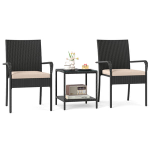 Crafted from appealing and long-lasting PE rattan<br>Comfortable to sit with ergonomic backrest and armrests<br>Soft seat cushions bring more coziness<br>Zippered cushion covers for simple maintenance<br>Side table with 2-tier design for more storage spac