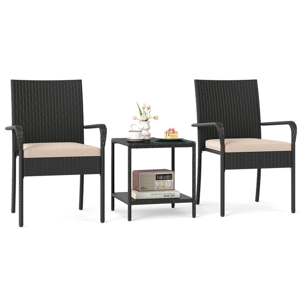 Crafted from appealing and long-lasting PE rattan<br>Comfortable to sit with ergonomic backrest and armrests<br>Soft seat cushions bring more coziness<br>Zippered cushion covers for simple maintenance<br>Side table with 2-tier design for more storage spac