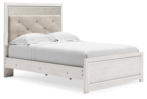 The epitome of fashion-forward design, this full panel bed is a beautiful blend of comfort and luxury. Shiny chrome-tone accents, a pearlized finish and button-tufted upholstery bring a glam touch to the richly rustic appearance. Remote-controlled LED lig