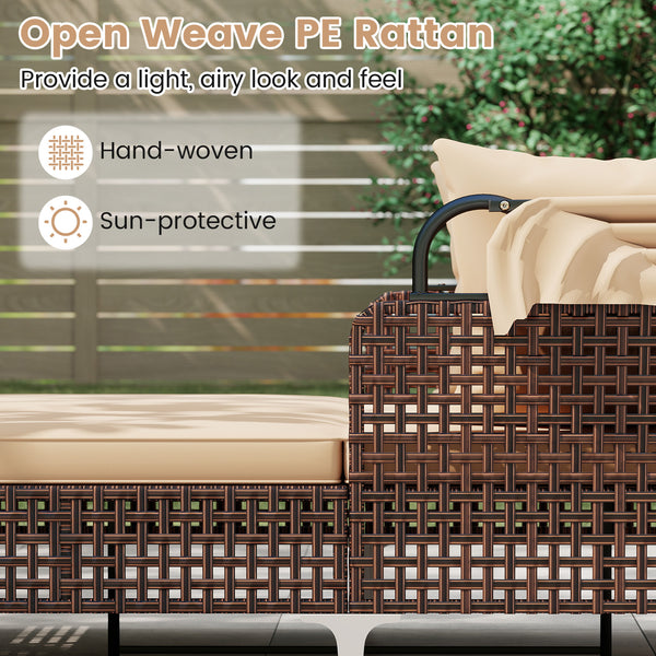 Provide a light  airy look and feel with open-weave PE rattan<br>The premium rattan also ensures fade-resistant and sun-protective durability<br>Open the canopy for shaded comfort with a premium gas strut<br>Close the canopy for sunbathing<br>Canopy secur