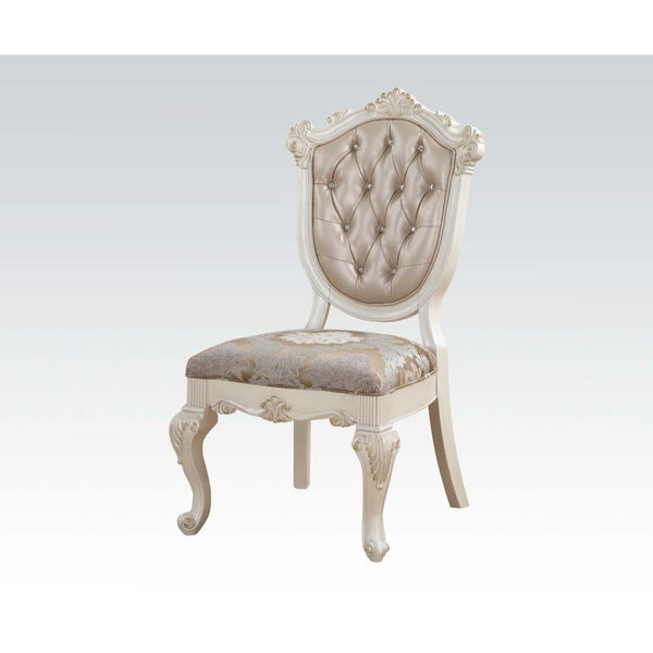 KD, Armless Chair Stationary Seat: Dining Height Padded Seat: Floral Fabric Cushion, Wooden Seat Frame Padded Backrest: PU, Solid Pattern (Inside: Crystal like Button Tufted, Outside: Plain), Wooden Trim: Scrolled Top and Crown Wood Queen Anne Leg: Front 