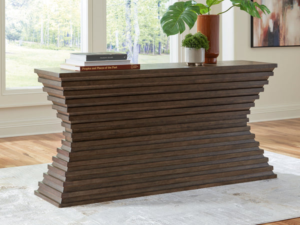  please. The distinctive silhouette of this sofa table is sure to captivate lovers of contemporary design. Featuring head-turning architectural geometry and a rich
