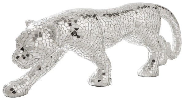 Decorate your home with this iconic mixed media sculpture. Featuring mosaic glass and paper composite, this panther will add an exotic element to any space. Create a fierce look in your bedroom or luxurious allure in your living room with this unique and 
