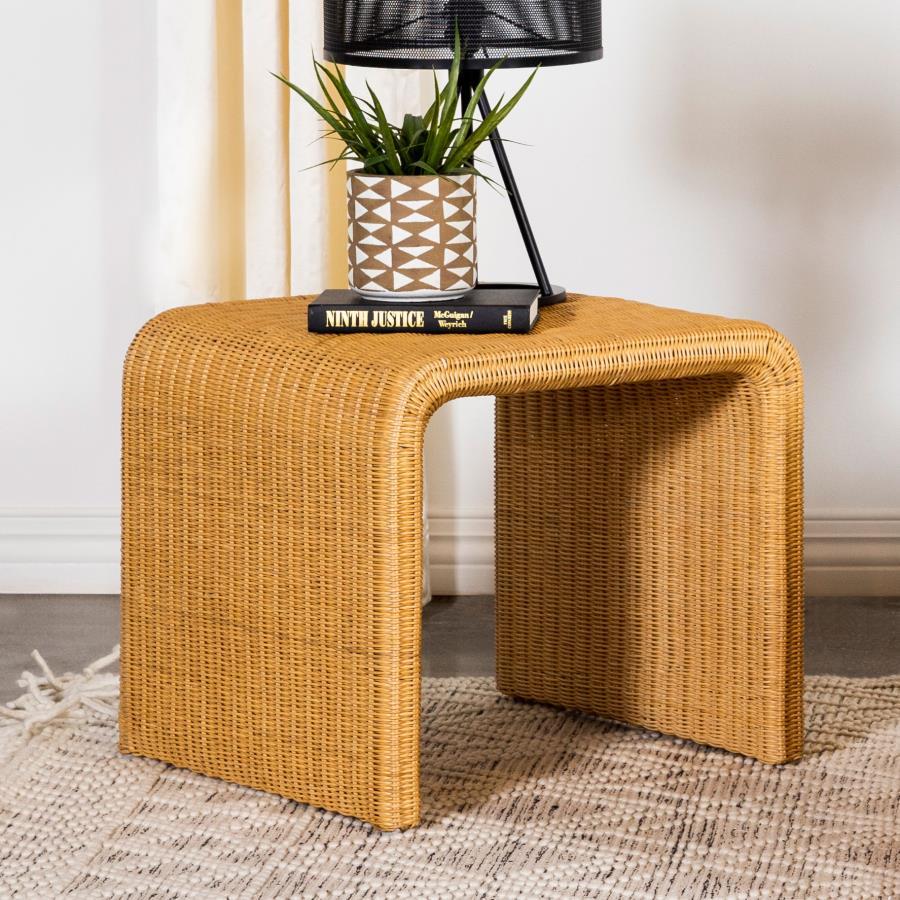 Elevate your boho-inspired living room with this mid-century modern rattan end table, crafted from natural woven rattan over a durable metal frame. Its organic texture and natural finish bring warmth and character to your seating area. Featuring elegant w