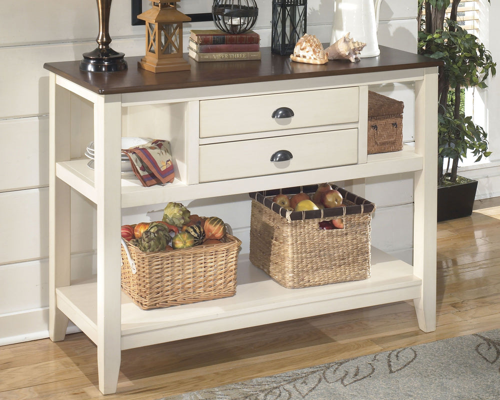 There are so many ingredients that make this dining room server a tasteful choice, starting with the two-tone detailing thatâ€™s equally homey and sophisticated. And the retro-inspired cup metal pulls? So charming. Display nooks and plenty of usable table