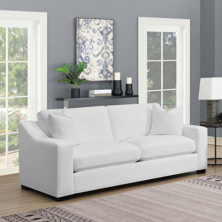 Transform your living room into a clean, contemporary interior with this cheerful, transitional sofa, upholstered in a crisp white trillium polyester blend performance fabric across elegant sloped track armrests and reversible box seat and back cushions w