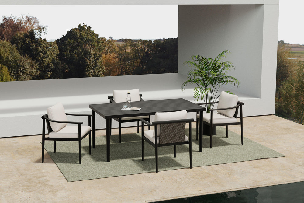 Experience outdoor dining in style with the Moana 5 Piece Outdoor Patio Dining Set, featuring a durable table and four side chairs with comfortable ivory cushions. The aluminum frames boast a baked-on powder coat finish, providing a strong foundation that