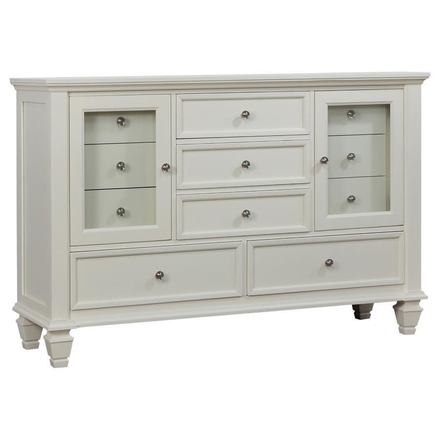 Bring both elegance and ample storage to your bedroom with this beautifully crafted dresser, featuring 11 spacious drawers and two wood-framed tempered glass doors. The mix of drawers and glass-paneled cabinets offers a perfect blend of functionality and 