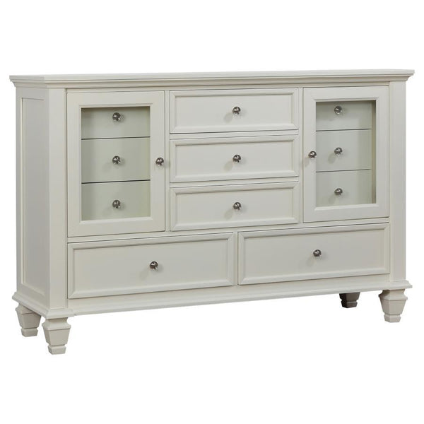 Bring both elegance and ample storage to your bedroom with this beautifully crafted dresser, featuring 11 spacious drawers and two wood-framed tempered glass doors. The mix of drawers and glass-paneled cabinets offers a perfect blend of functionality and 