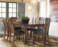 Made with select acacia veneers and hardwood solids. Gently distressed and burnished dark brown finish. D594-35 has a planked table design with thick-look tops and butterfly leaf. Seat covers in brown faux leather. Server features a working drawer along w