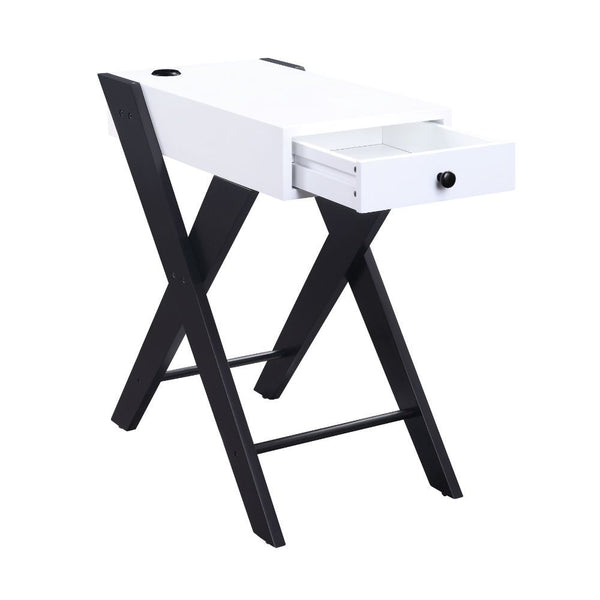  this piece features a wooden top with a USB power dock and X-shape side legs. While a pullout drawer offers plenty of storage for small accessori