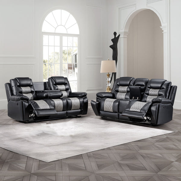 Upgrade your living space with the Nikko 2 Piece Power Motion Upholstery Set, featuring a dual reclining sofa and console loveseat with power footrests and hidden cup holders. This stylish set includes a sofa and console loveseat, both constructed with ha