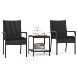 Crafted from appealing and long-lasting PE rattan<br>Comfortable to sit with ergonomic backrest and armrests<br>Soft seat cushions bring more coziness<br>Zippered cushion covers for simple maintenance<br>Side table with 2-tier design for more storage spac
